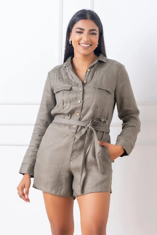 Stylish Basics Linen Playsuit with Waist Tie - Slim Fit