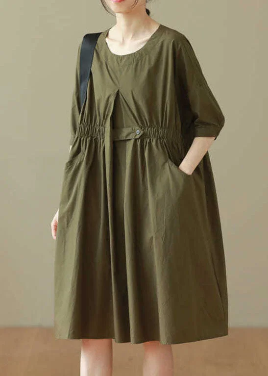 Elevate Your Wardrobe Casual Army Green O Neck Patchwork Cotton Mid Dresses Summer