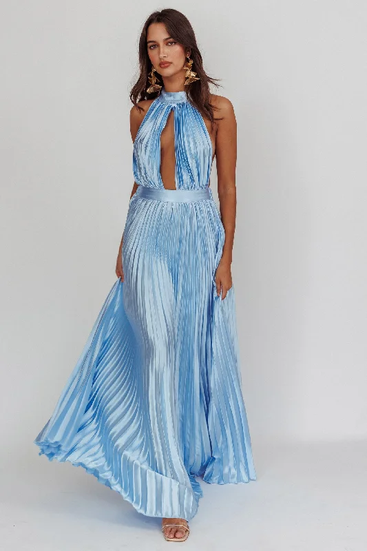 Sale On Clothing Monarch Pleated Satin Maxi Dress Light Blue