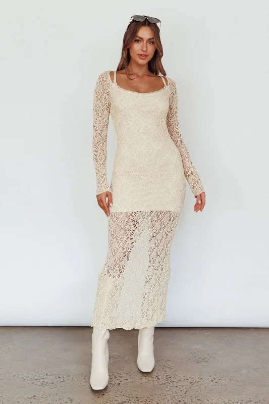 Seasonal Trends Happy Place Long Sleeve Crochet Midi Dress Beige