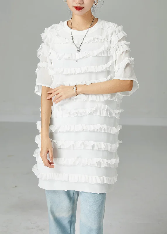 Women Online Clothing Boutiques Fitted White O-Neck Patchwork Ruffled Chiffon Dress Summer