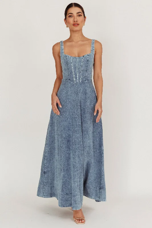 Fashionable Women's Wardrobe Talissa A-Line Maxi Denim Dress Blue