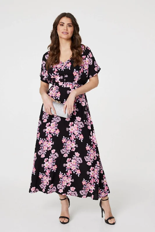 Bold Prints Casual Chic Floral V-Neck Maxi Dress with Belt