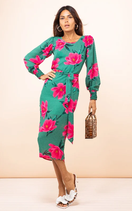 Clothing Sale Sabina Midi Dress in Pink on Green Tulip