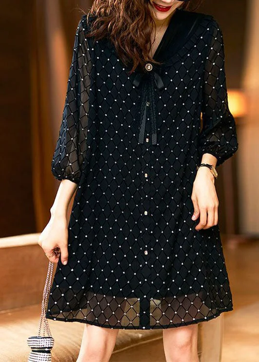 Innovate Your Wardrobe Stylish Black Bow Print Patchwork Chiffon Mid Dress Summer