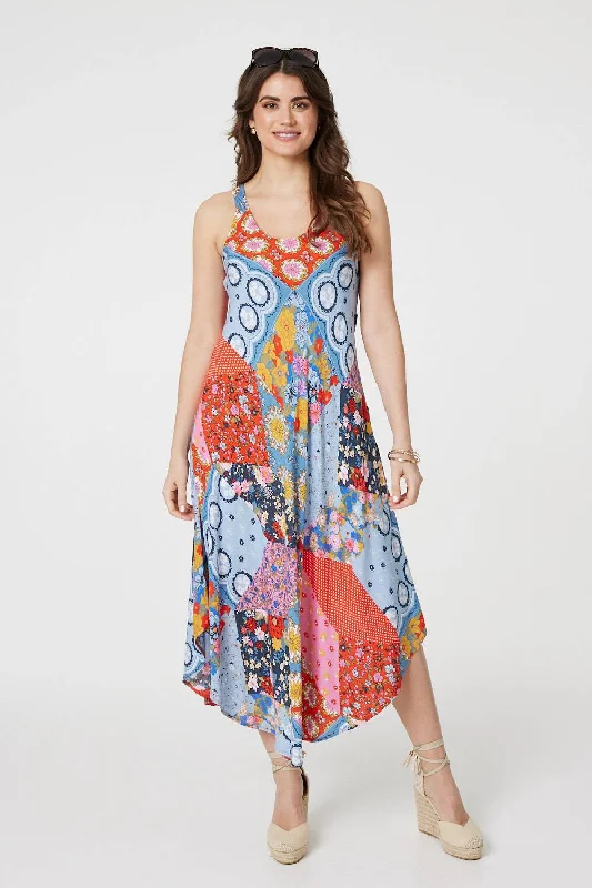 Clothing Sale Patchwork Print Sleeveless Midi Dress