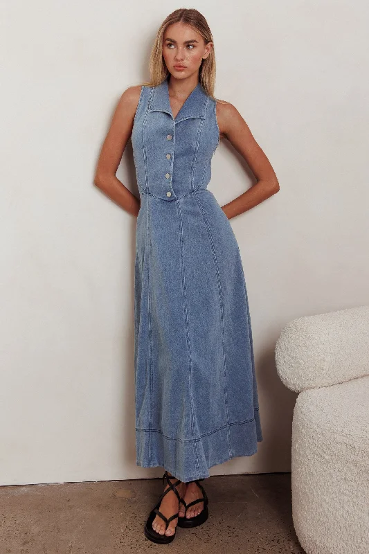 Latest Fashion for Women Entertain Me Sleeveless A-Line Maxi Dress Denim Blue