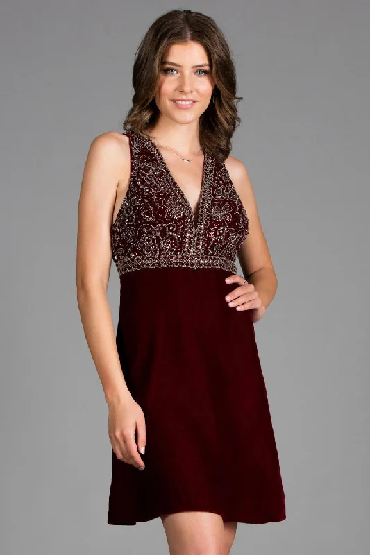 Best Online Women's Boutiques SCALA - 48913 Beaded Plunging V-neck Velvet A-line Dress