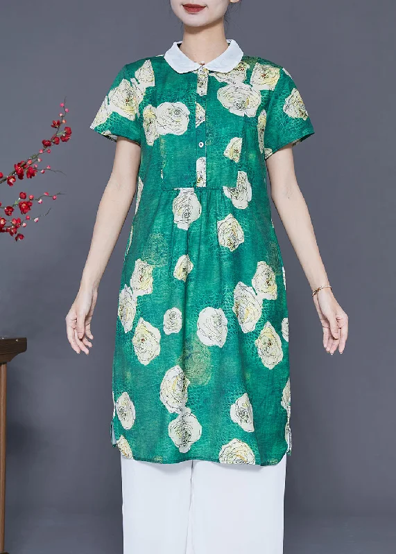 Elegant Styles Fine Green Peter Pan Collar Floral Chiffon Shirt Dress Summer