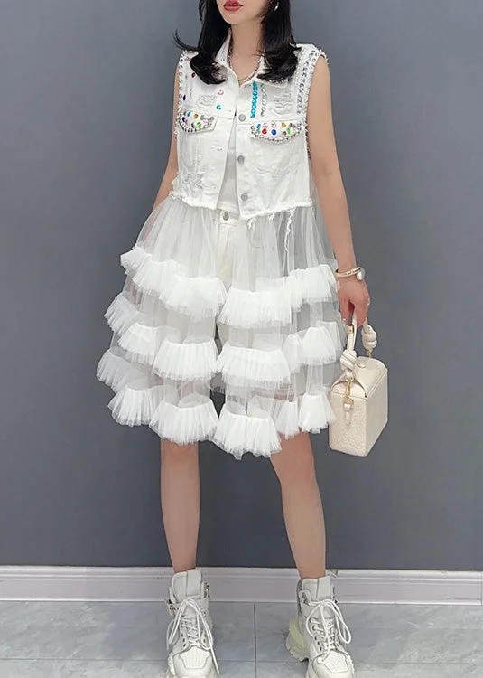 Limited Stock, Big Discounts DIY White Peter Pan Collar Print Waistcoat Patchwork Tulle Party Mid Dress Sleeveless