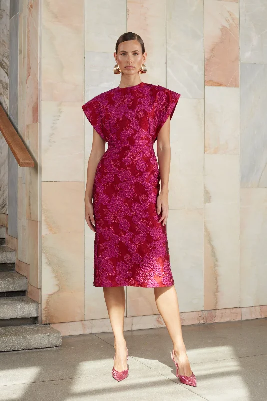 Elegant Styles ANN red pink jacquard midi dress