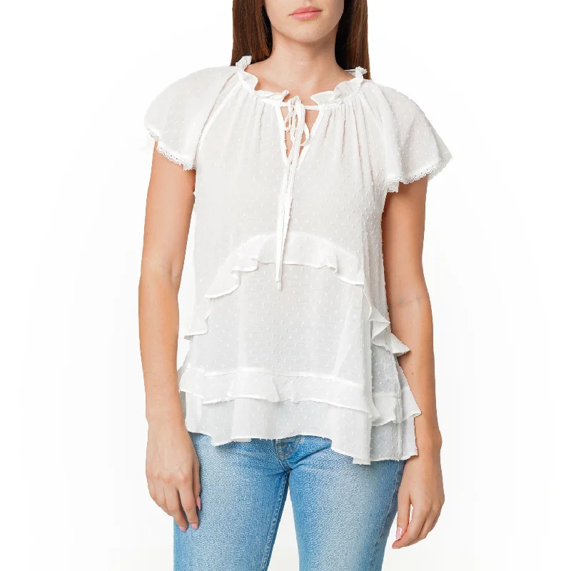 Workwear Fashion for Women Women's Swiss Dot Layered Ruffle Top in White