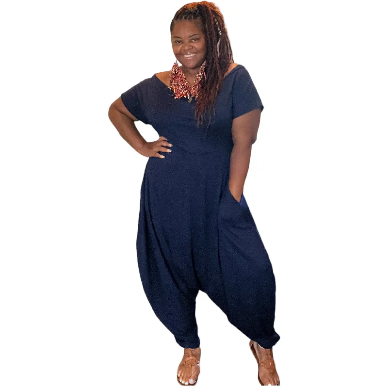 Fresh Styles, Fresh Deals Women'S Plus Navy Off the Shoulder Harem Jumpsuit