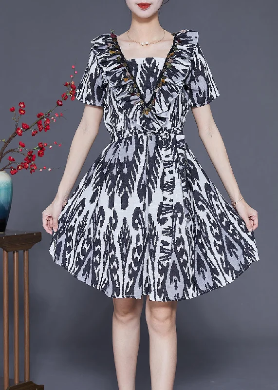 Elegant Women's Clothing Online Art Black Ruffled Patchwork Print Linen Dress Summer