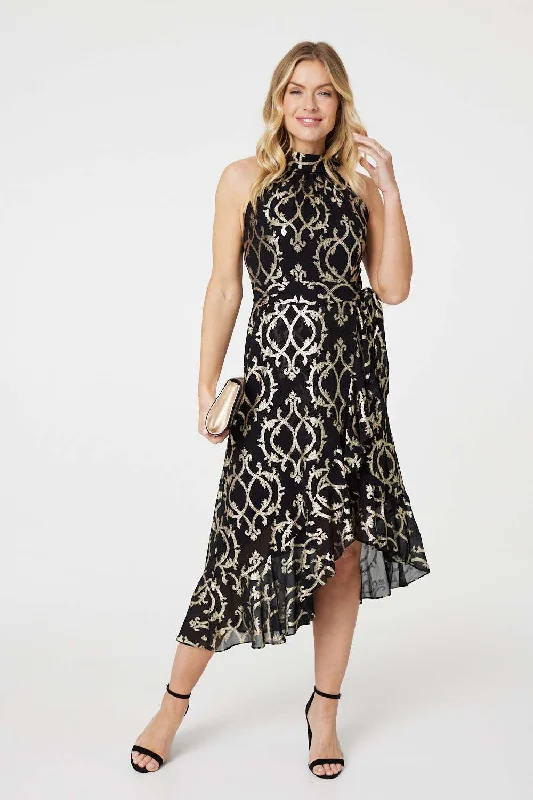 Classic Women's Clothing Styles Printed High Low Halter-Neck Midi Dress