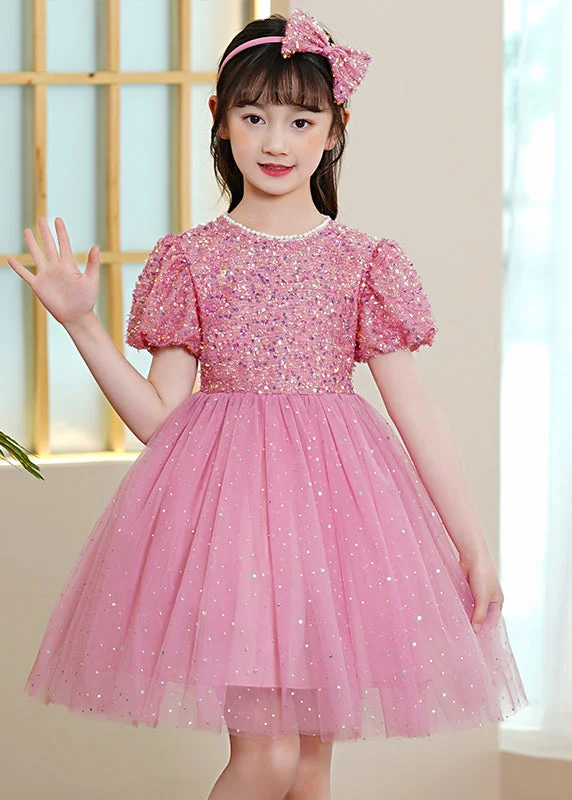 Women Fashion Pink Patchwork Tulle Kids Girls Maxi Dresses Sequins Exra Large Hem Puff Sleeve