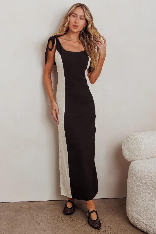 Fashionable Dresses for Women Kiss City Tied Shoulders Contrast Maxi Dress Black/Oat