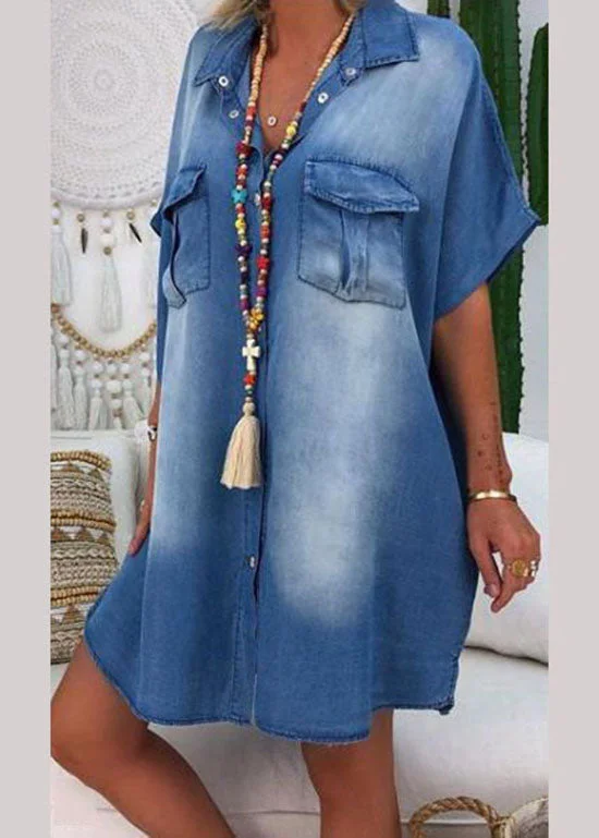 Mega Sale Modern Blue Peter Pan Collar Patchwork Denim Shirts Dress Summer