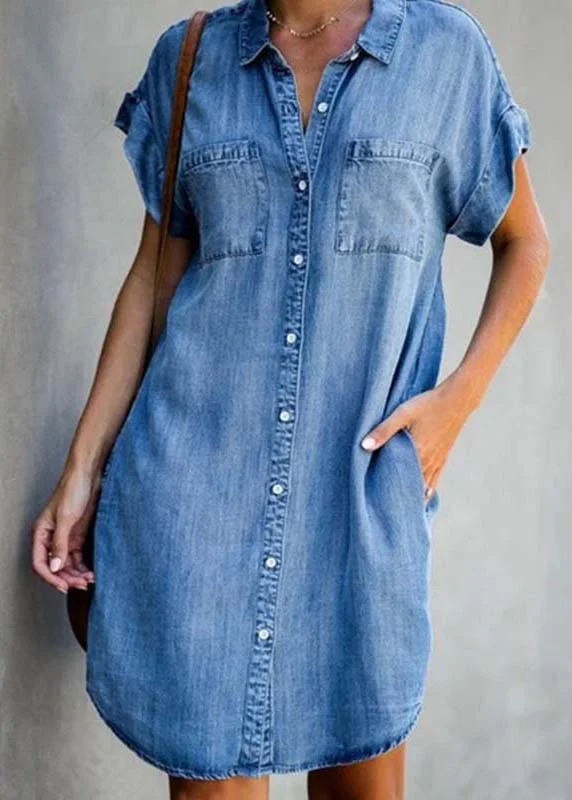 Exclusive Discount Diy Blue Peter Pan Collar Pockets Denim Shirt Dress Summer