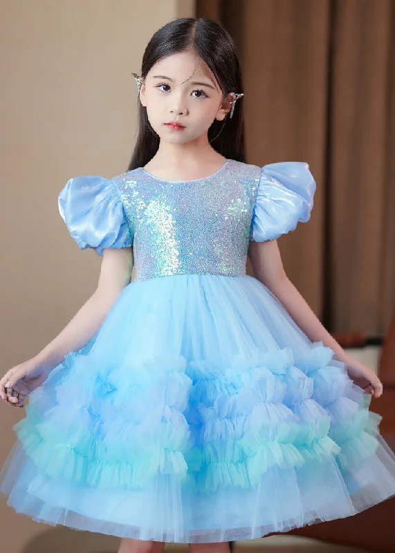 Sale For Women Elegant Blue Ruffled Tulle Kids Girls Long Dress Puff Sleeve