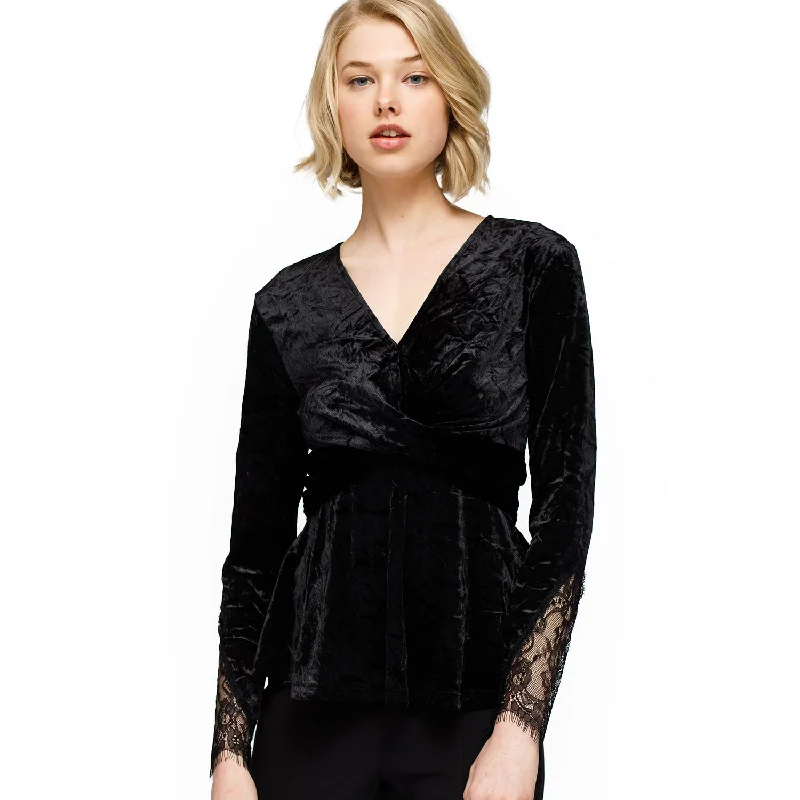 Comfy Women's Outfits for Daily Wear Women's Velvet Wrap Peplum Top In Black