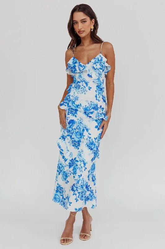 Women's Fashion Hotspots Silvana Frill Trim Maxi Dress Floral Blue