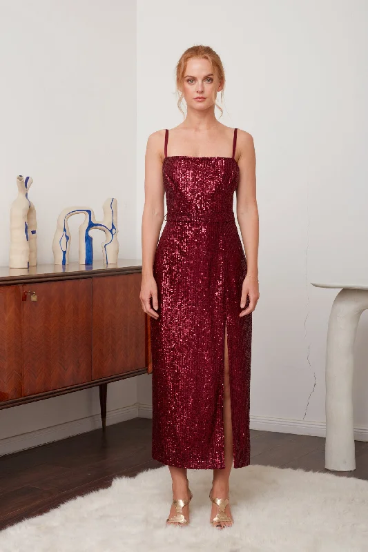 Workwear Fashion for Women CHLOE deep red sequin open back cocktail dress