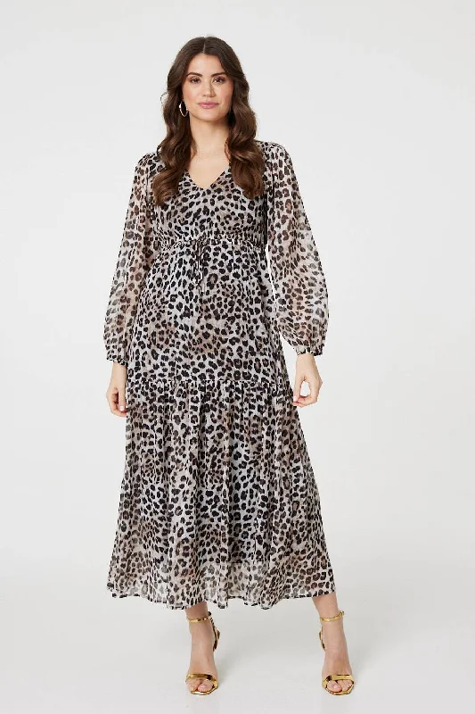 Classic Women's Clothing Styles Animal Print Semi Sheer Tiered Maxi Dress