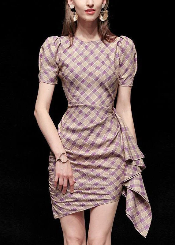 Timeless Classics Fashion Purple Plaid O Neck Cotton Slim Fit Dress Summer