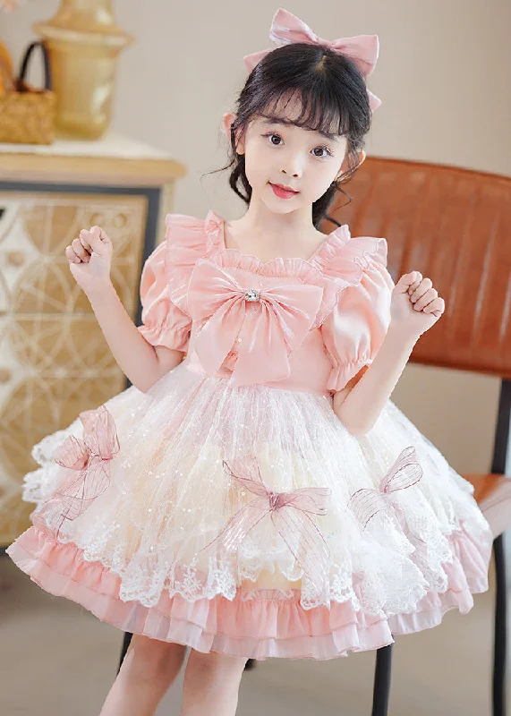 Women's Clothing Brands Cute Pink Square Collar Patchwork Bow Kids Mid Dresses Short Sleeve