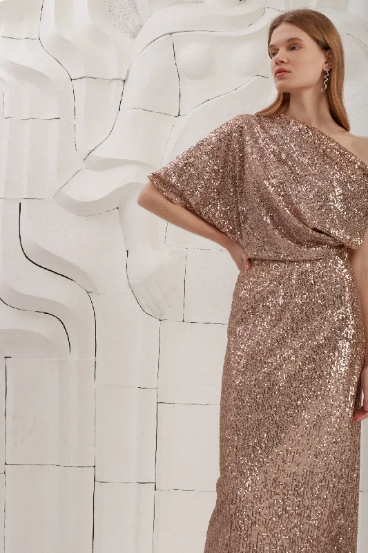 Holiday Discount MARGO nude sequin asymmetric evening dress