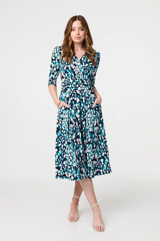 Luxury Fashion Printed 3/4 Sleeve V-Neck Midi Wrap Dress