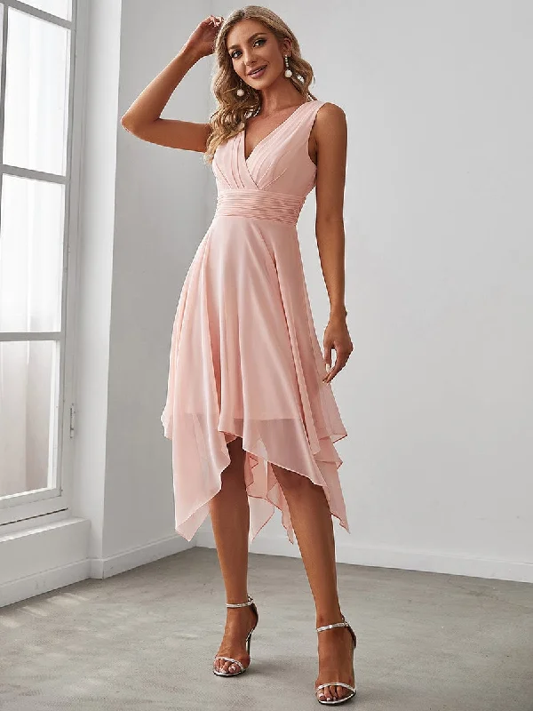 Sophisticated Style V Neck Ruched Asymmetrical Hems Midi Chiffon Bridesmaid Dress