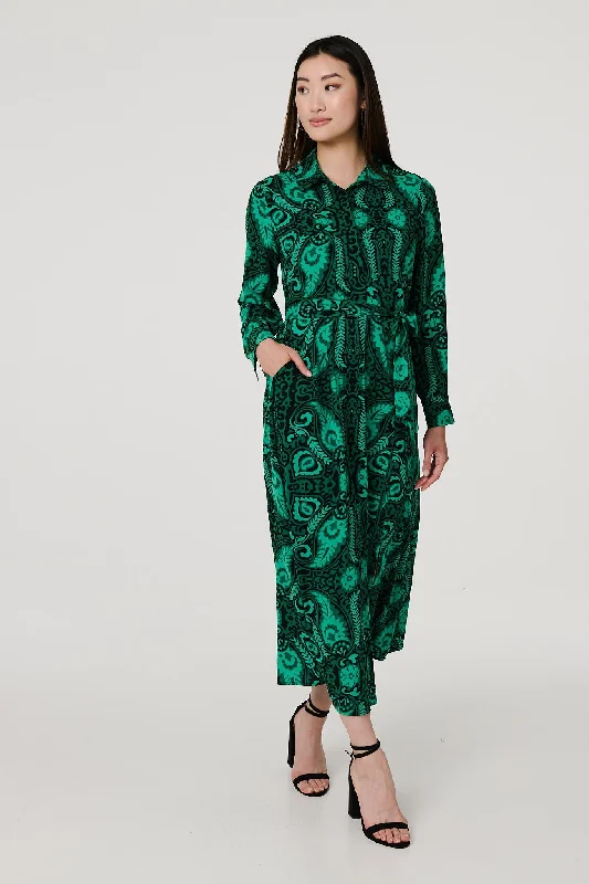 Holiday Special Offers Paisley Long Sleeve Midi Shirt Dress