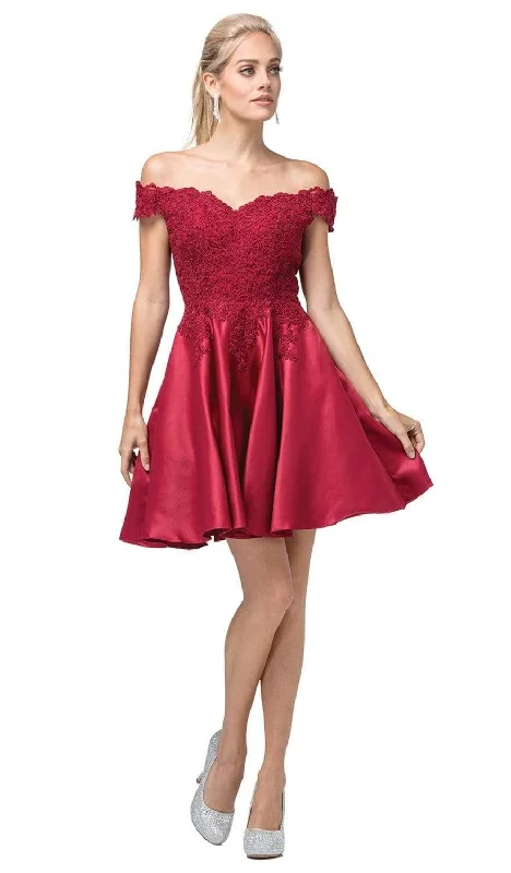 Relaxed Fashion Dancing Queen - 3213 Off Shoulder Lace and Satin Cocktail Dress