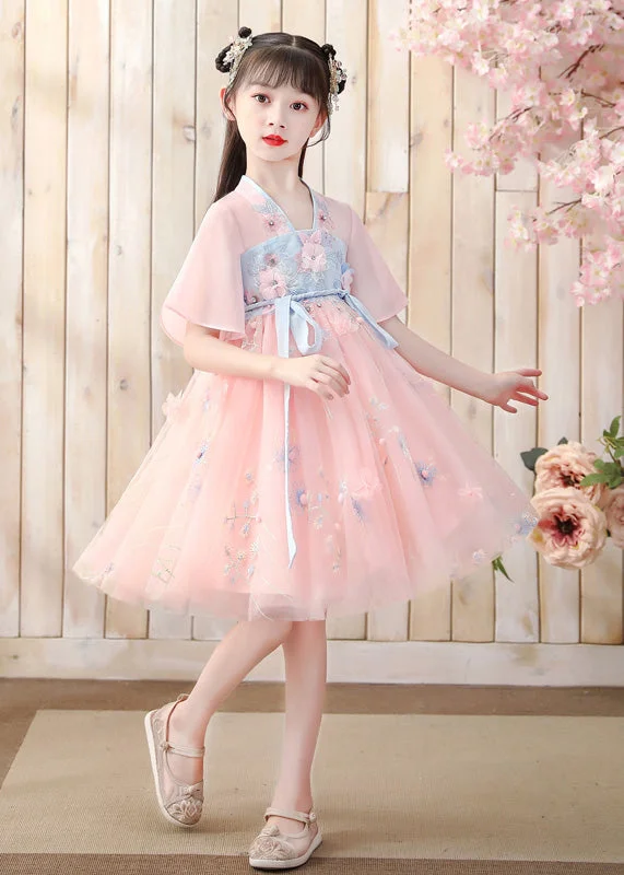 Fashion-forward Women's Wear Fashion Pink V Neck Embroideried Layered Tulle Kids Mid Dress Short Sleeve