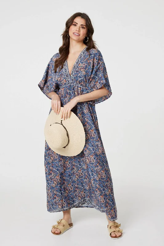 Limited Time Offer Paisley Print Kimono Sleeve Midi Dress