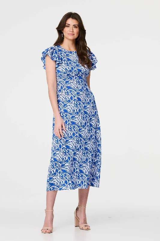 Affordable Fashion for Women Printed Frill Cap Sleeve Midi Dress