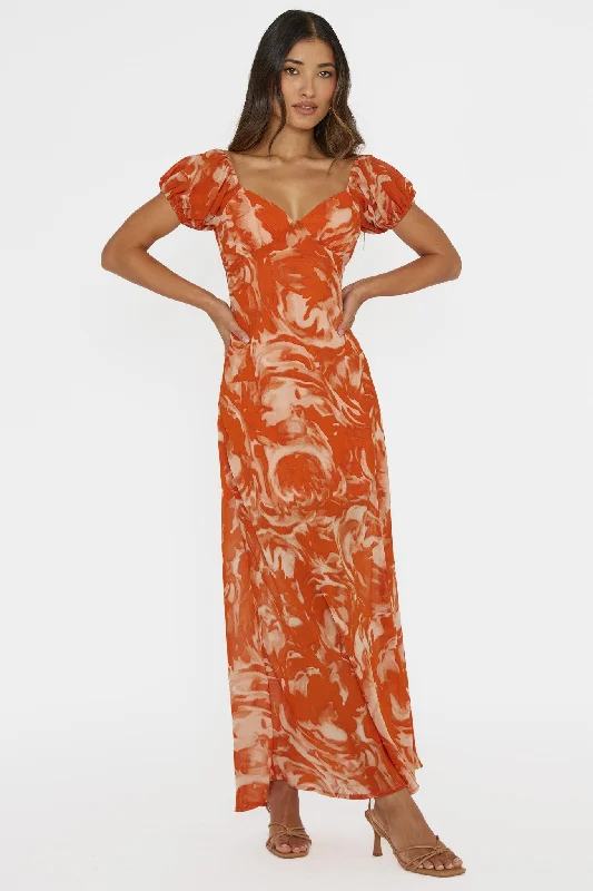 Bold Fashion Park Avenue Puff Sleeve Midi Dress Print Orange