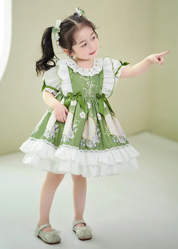 Comfortable Women's Outfits Art Green Ruffled Patchwork Print Cotton Baby Girls Dresses Summer