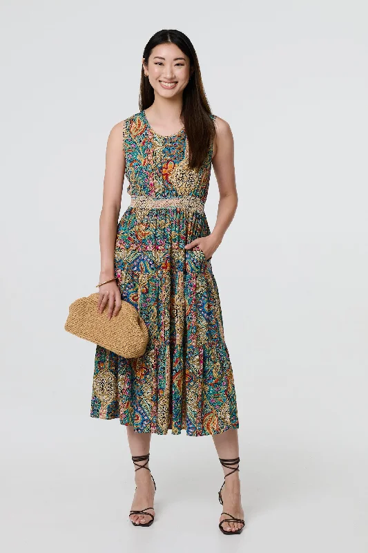 Women's Trendy Outfits Mosaic Print Sleeveless Midi Smock Dress