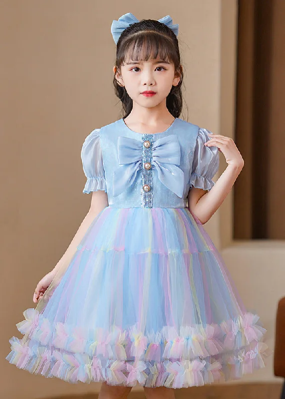 Luxury Women's Clothing Elegant Blue Puff Sleeve Rainbow Exra Large Hem Tulle Kids Girls Dress Summer