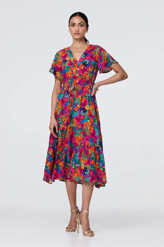 Casual Chic Floral Short Sleeve Tie Waist Dress