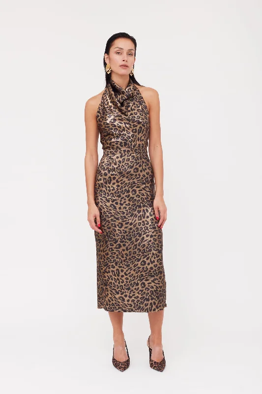 Online Impressions Boutique LARA Metallic Animal Print Midi Cowl Neck Dress