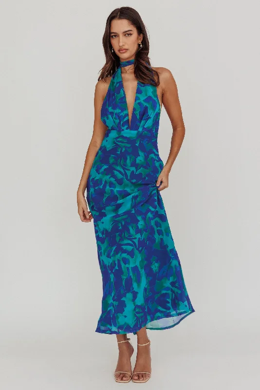 Stylish Statements Italia Azure Halterneck Maxi Dress Abstract Blue