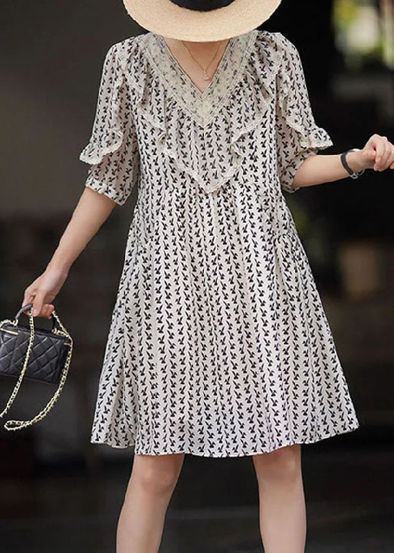 Fashion Forward, Function First DIY Beige V Neck Ruffled Print Patchwork Chiffon Dresses Summer