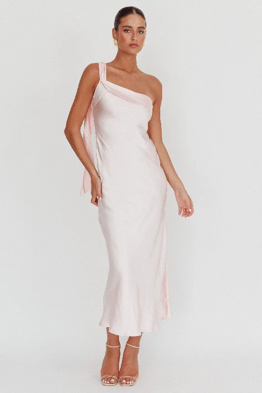 Women Wear Boutique Carmel One-Shoulder Sash Maxi Dress Blush