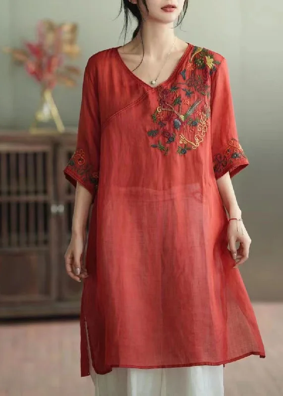 Women's Clothing Boutique Retro Red V Neck Embroideried Patchwork Linen Mid Dress Summer