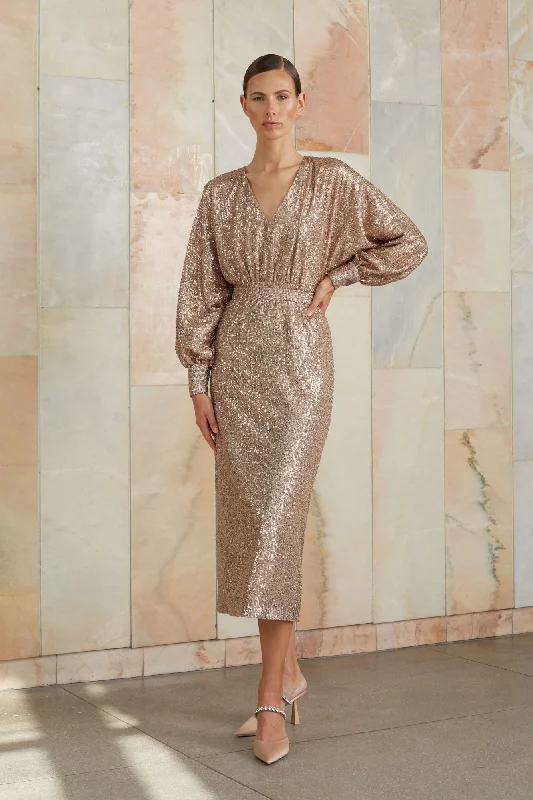 Trendy Attire For Her EVE nude sequin V neck dress