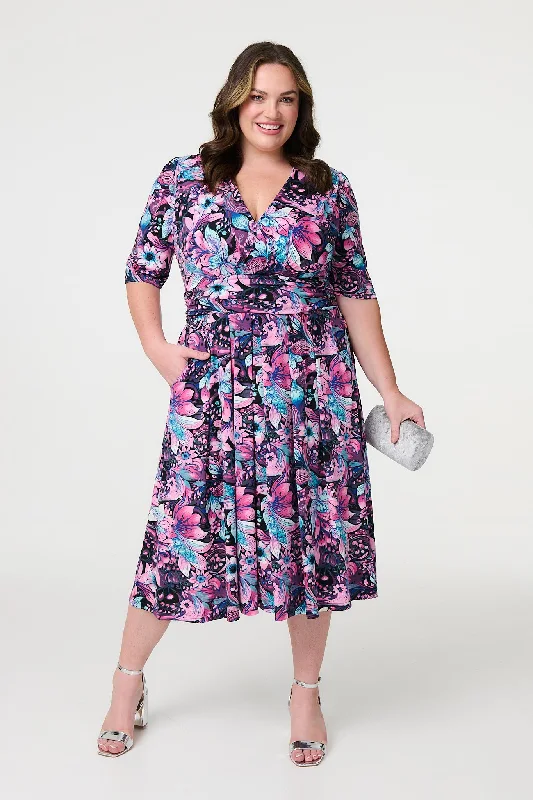 Exclusive Discount Floral Faux Wrap Front Midi Dress